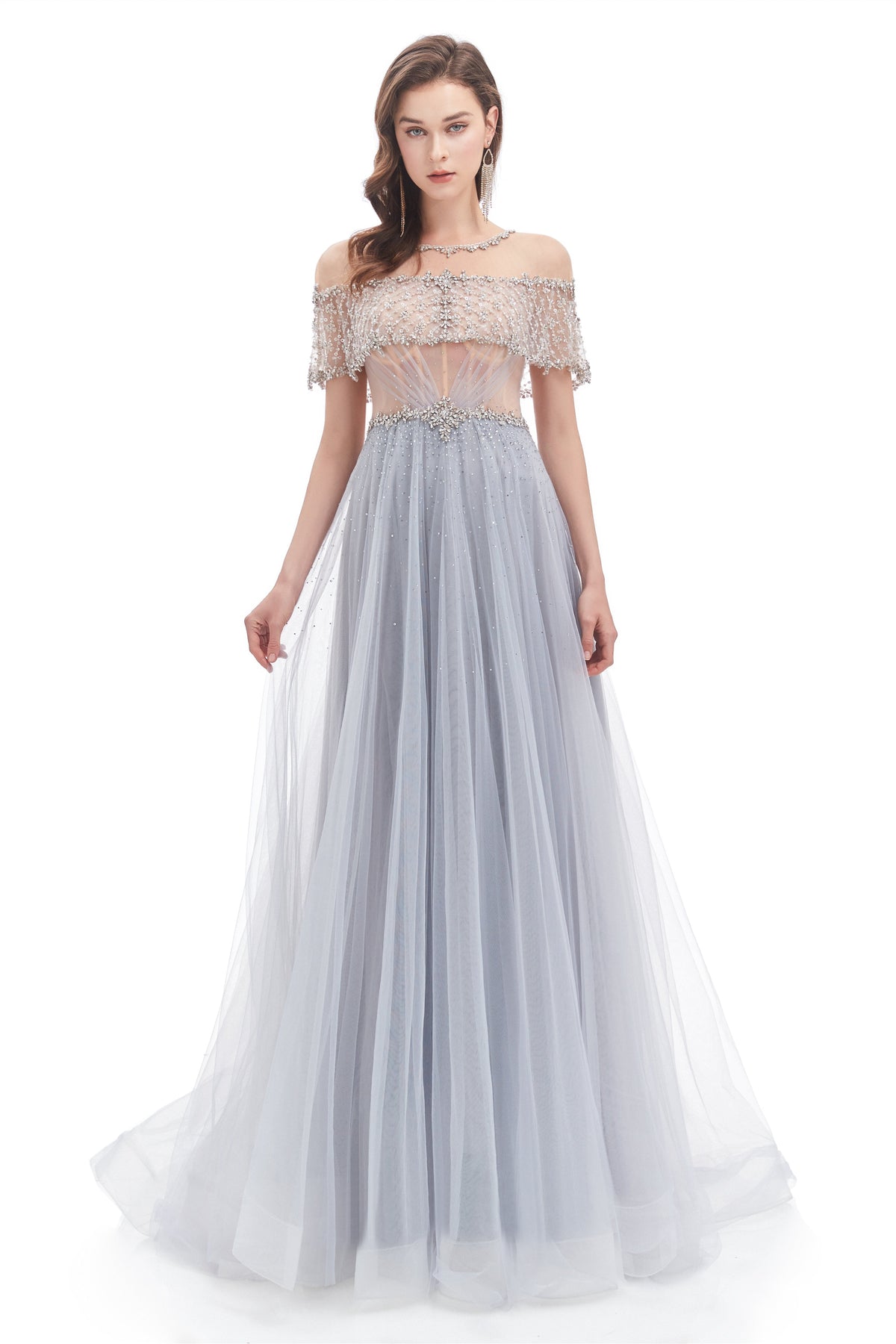 A-Line Round Sequined Floor-Length Cap Sleeve Open Back Appliques Lace Prom Dress