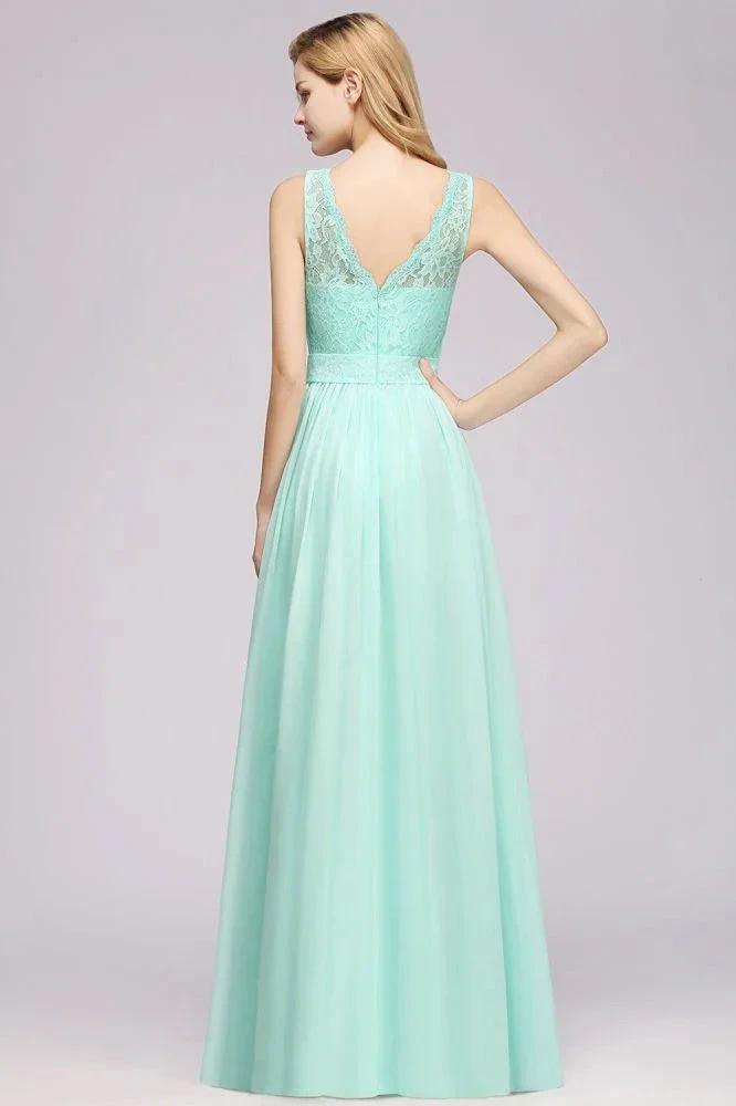 A-Line Ruffles Bridesmaid Dress Lace Scalloped Sleeveless Floor-Length Wedding Party Dress (ZD13123)