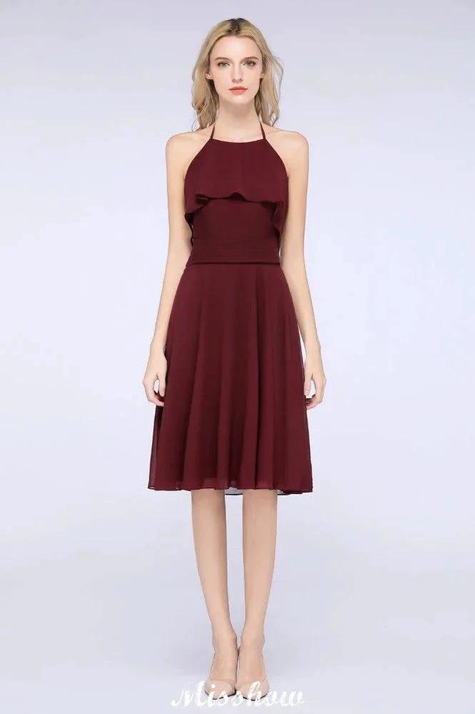 A-Line Ruffles Chiffon Halter Knee-Length Party Dress Simple Bridesmaid Dress (ZD12904)