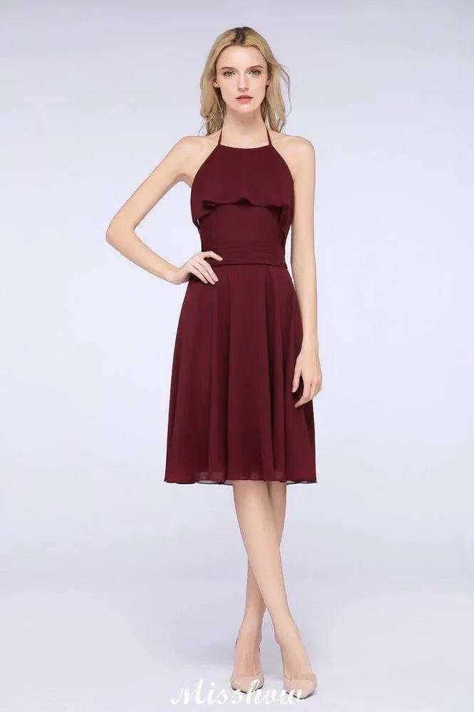 A-Line Ruffles Chiffon Halter Knee-Length Party Dress Simple Bridesmaid Dress (ZD12904)