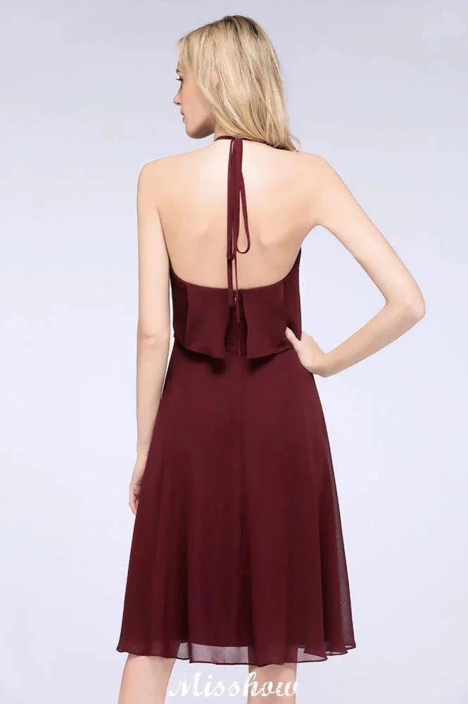 A-Line Ruffles Chiffon Halter Knee-Length Party Dress Simple Bridesmaid Dress (ZD12904)