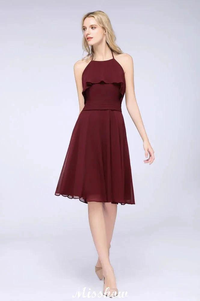 A-Line Ruffles Chiffon Halter Knee-Length Party Dress Simple Bridesmaid Dress (ZD12904)