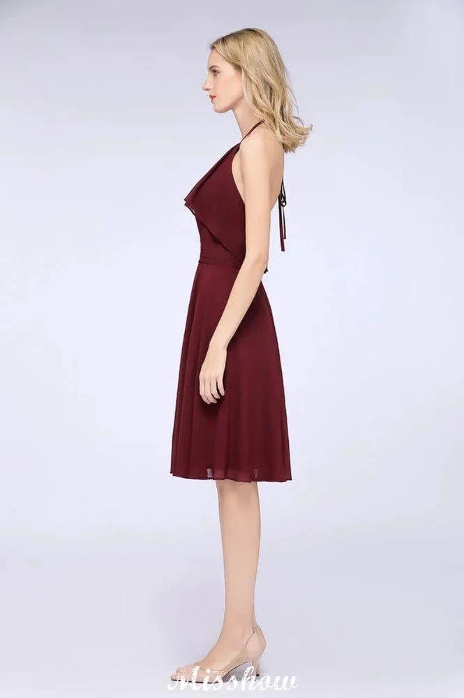 A-Line Ruffles Chiffon Halter Knee-Length Party Dress Simple Bridesmaid Dress (ZD12904)