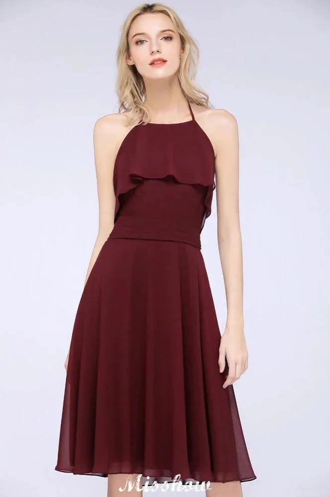 A-Line Ruffles Chiffon Halter Knee-Length Party Dress Simple Bridesmaid Dress (ZD12904)