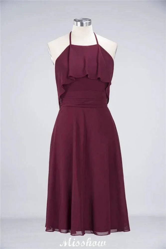A-Line Ruffles Chiffon Halter Knee-Length Party Dress Simple Bridesmaid Dress (ZD12904)