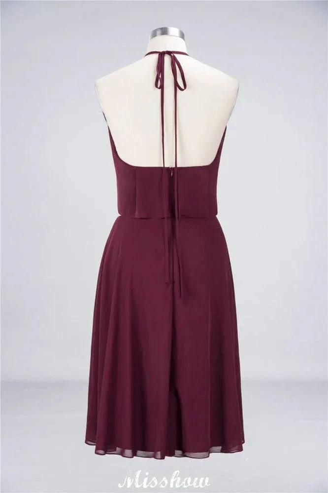 A-Line Ruffles Chiffon Halter Knee-Length Party Dress Simple Bridesmaid Dress (ZD12904)