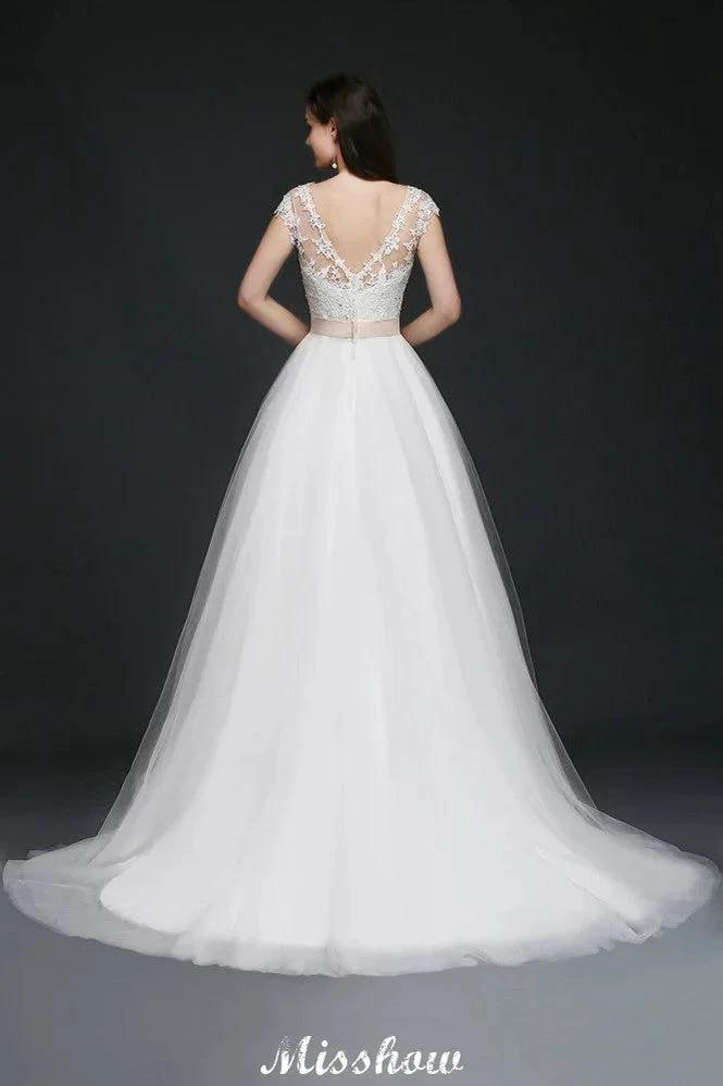 A-line Scoop Court Train Tulle Glamorous Wedding Dresses with Sash (ZD13935)