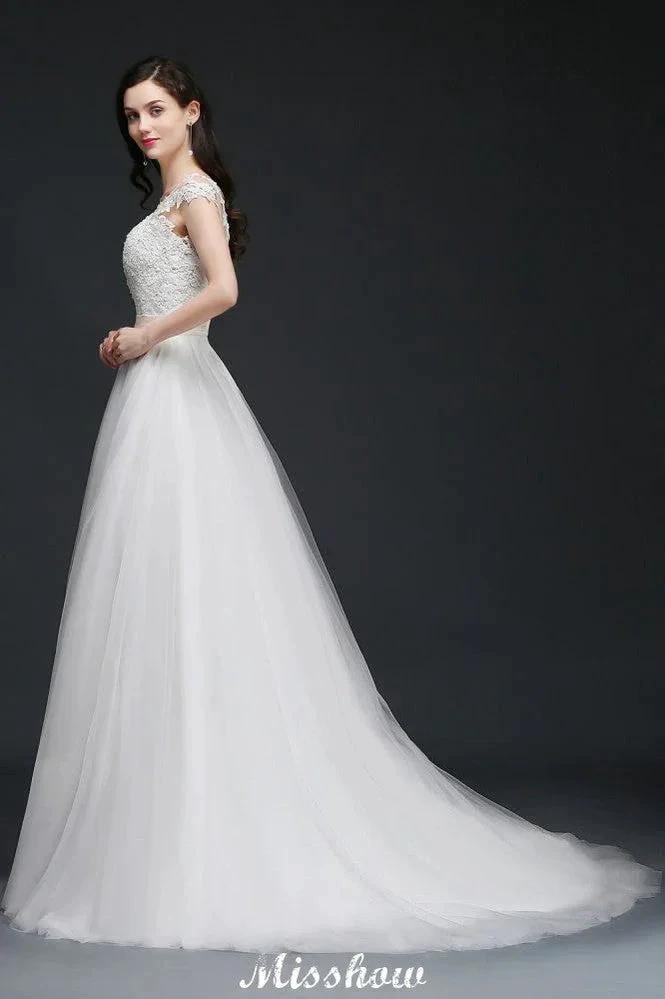 A-line Scoop Court Train Tulle Glamorous Wedding Dresses with Sash by misshow.com