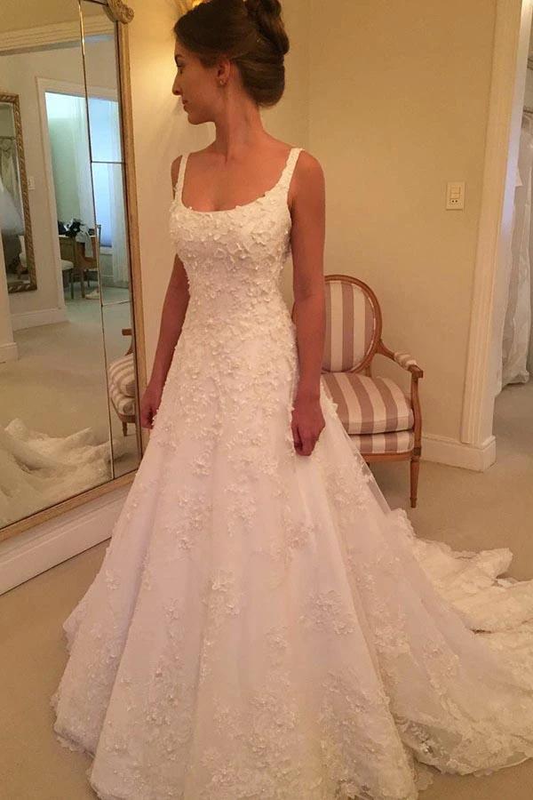 A-line Scoop Sweep Train Sleeveless Wedding Dress with Appliques (ZD16308)