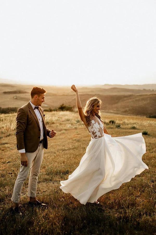 A-line See Through Floor Length Beach Wedding Dresses Rustic Bridal Dresses (ZD15286)