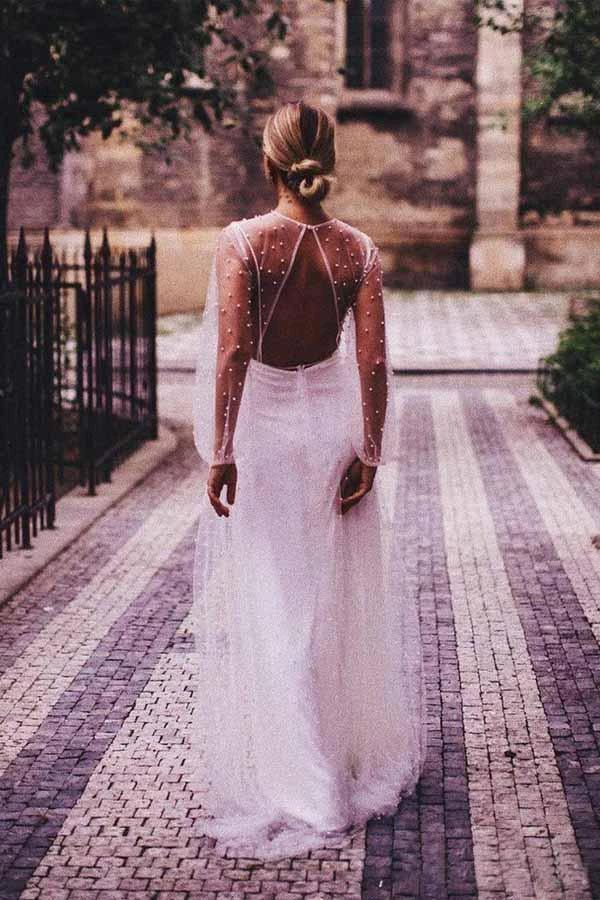 A-line See Through Tulle Long Sleeve Wedding Dresses Pearl (ZD16025)