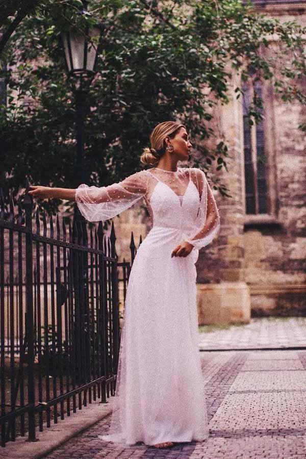 A-line See Through Tulle Long Sleeve Wedding Dresses Pearl (ZD16025)