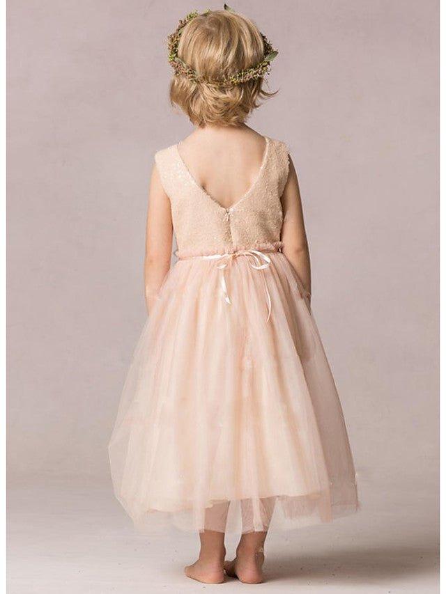 A-Line Sequined Sleeveless Jewel Neck Wedding Party Flower Girl Dresses - View 3 | VelvetHem