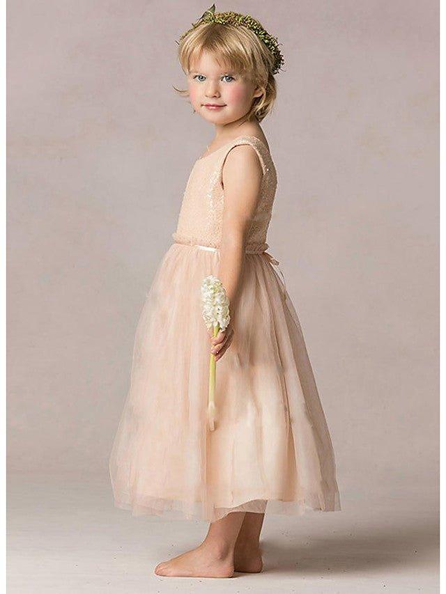 A-Line Sequined Sleeveless Jewel Neck Wedding Party Flower Girl Dresses - View 2 | VelvetHem