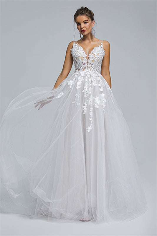 A-Line Sheer Straps V-Neck Tulle Applique Floor-Length Sleeveless Wedding Dress Cover