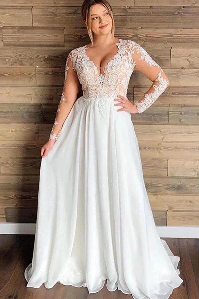 A-line Sheer Tulle Lace Wedding Gowns Long Sleeve Floor Length Beach Bridal Gowns (ZD16568)