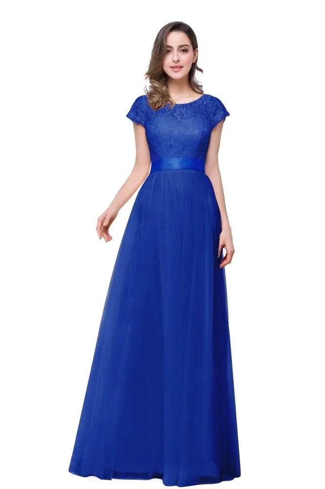 A-line Short Sleeve Chiffon Bridesmaid Dresses with Ribbon Bow Sash by misshow.com