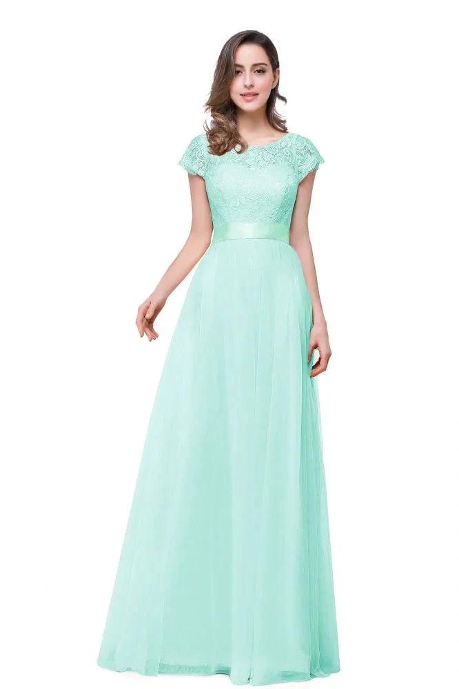 A-line Short Sleeve Chiffon Bridesmaid Dresses with Ribbon Bow Sash by misshow.com