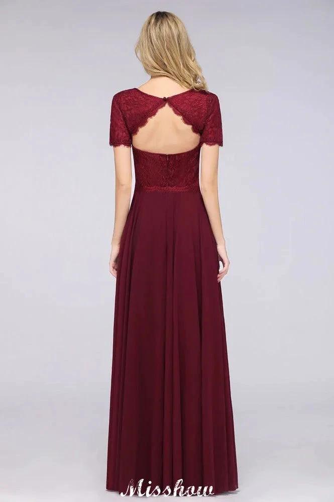 A-Line Short-Sleeves Floor-Length Bridesmaid Dress Chiffon Lace Round-Neck Evening Dress (ZD12909)