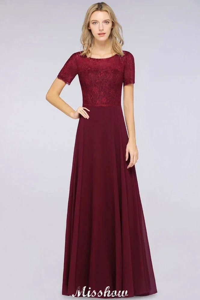A-Line Short-Sleeves Floor-Length Bridesmaid Dress Chiffon Lace Round-Neck Evening Dress by misshow.com