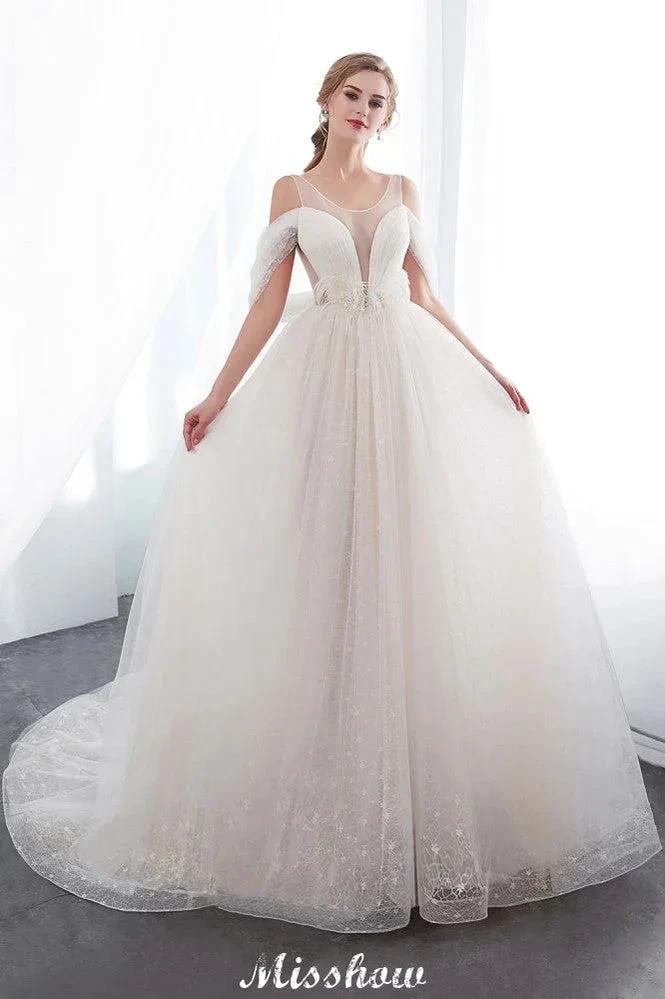 A-line Sleeveless Floor Length Lace Ivory Wedding Dress by misshow.com