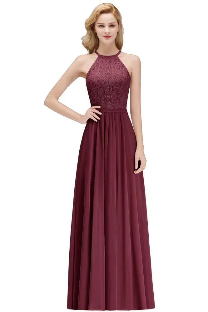 A-line Sleeveless Halter Long Lace Chiffon Bridesmaid Dress by misshow.com