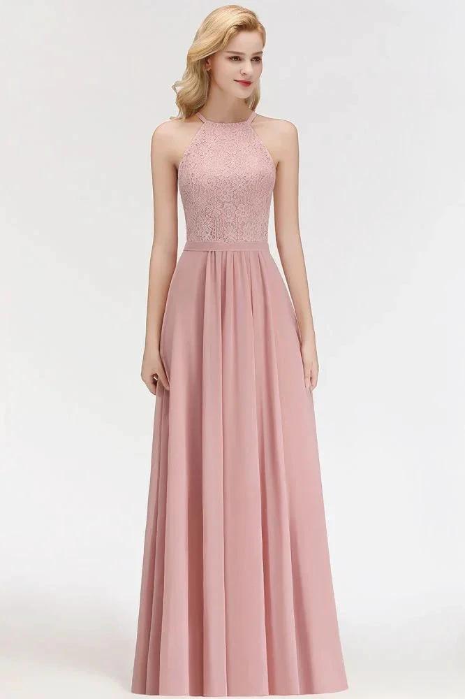 A-line Sleeveless Halter Long Lace Chiffon Bridesmaid Dress (ZD13032)