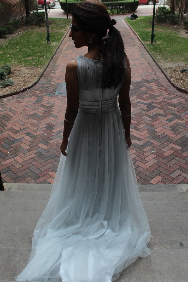 A-Line Small Round Collar Floor-Length Tulle Beaded Evening Dress