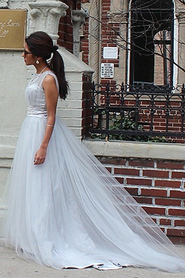 A-Line Small Round Collar Floor-Length Tulle Beaded Evening Dress