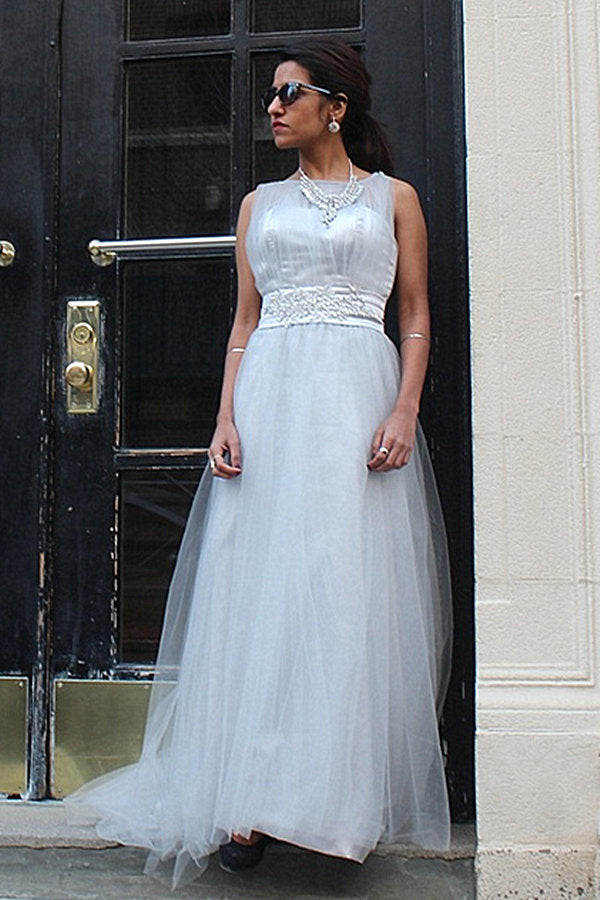 A-Line Small Round Collar Floor-Length Tulle Beaded Evening Dress