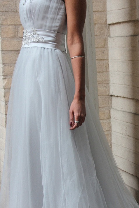 A-Line Small Round Collar Floor-Length Tulle Beaded Evening Dress