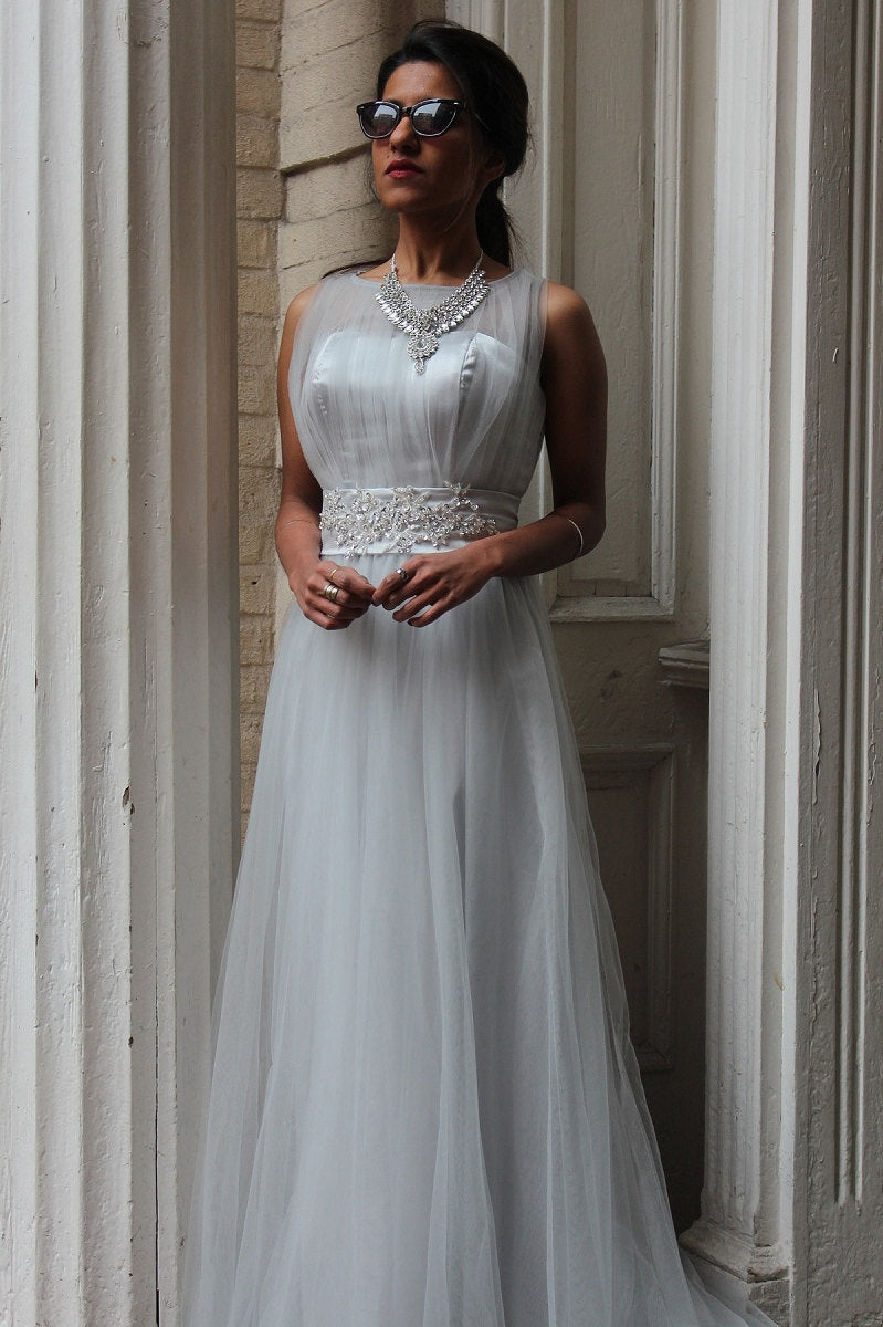 A-Line Small Round Collar Floor-Length Tulle Beaded Evening Dress
