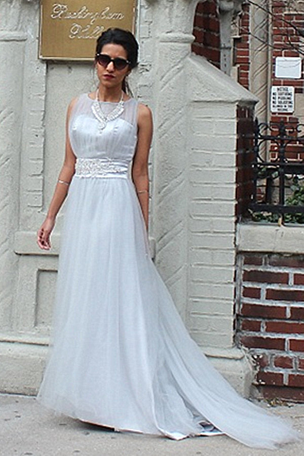 A-Line Small Round Collar Floor-Length Tulle Beaded Evening Dress