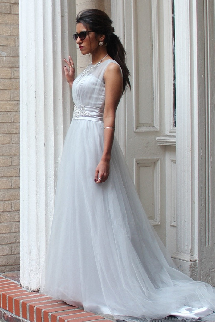 A-Line Small Round Collar Floor-Length Tulle Beaded Evening Dress