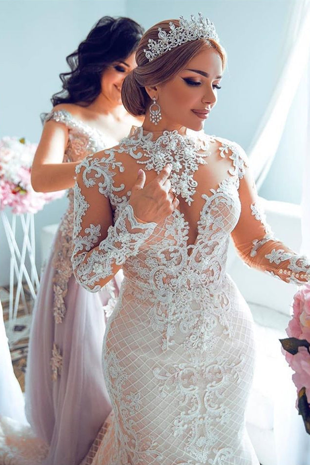 A-Line Small Round Collar Long Train Tulle Beading Paillette Wedding Dress