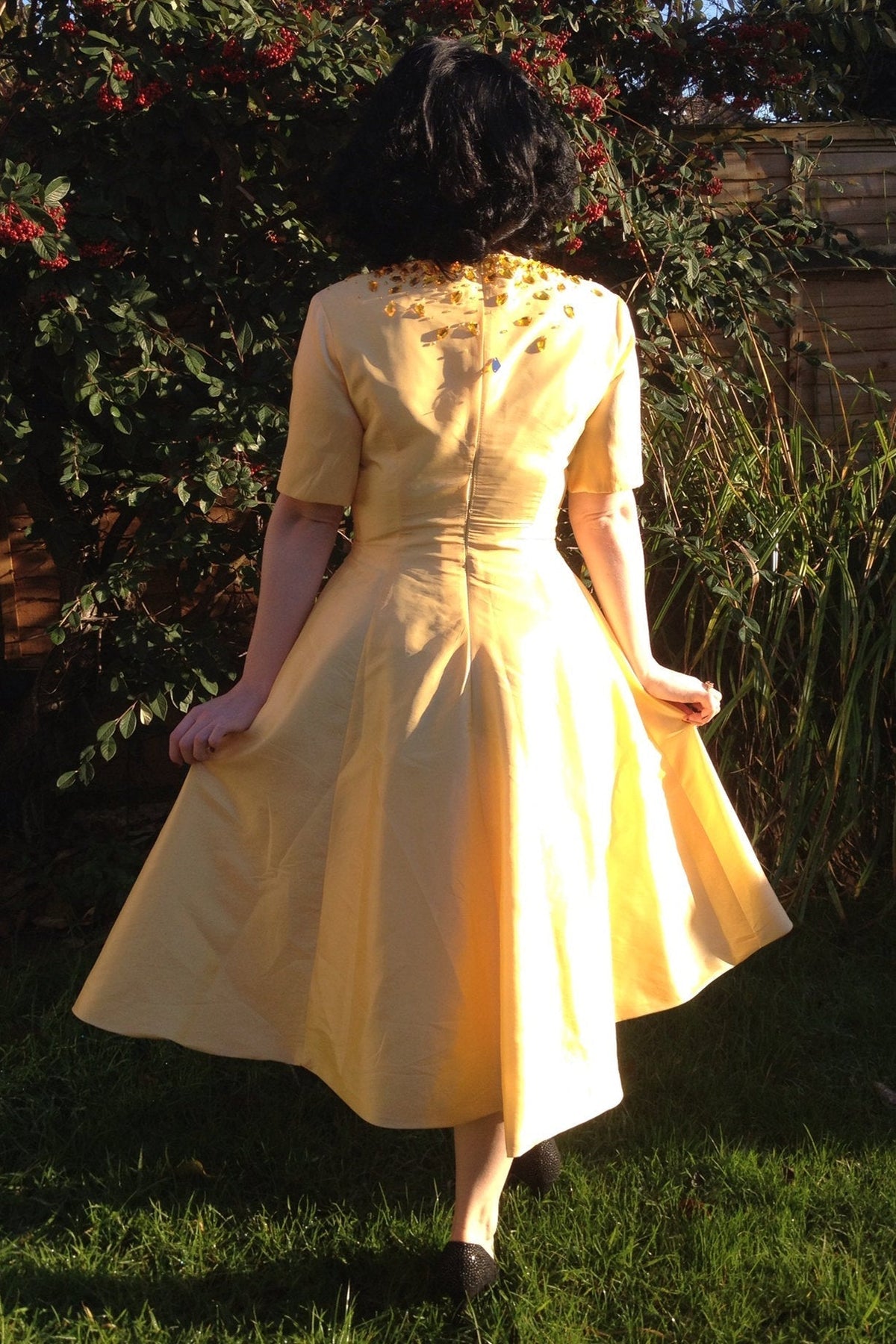 A-Line Small Round Collar Tea-Length Charmuse Beaded Prom Dress