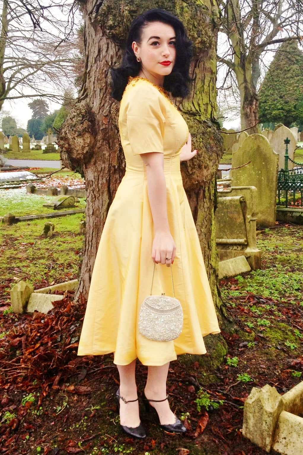 A-Line Small Round Collar Tea-Length Charmuse Beaded Prom Dress