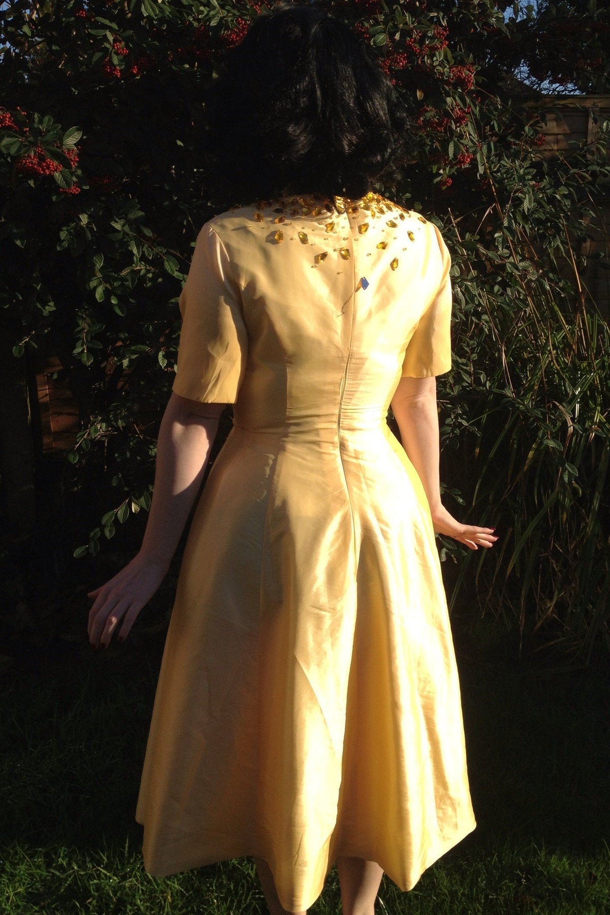 A-Line Small Round Collar Tea-Length Charmuse Beaded Prom Dress