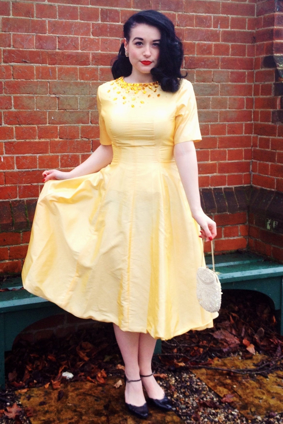 A-Line Small Round Collar Tea-Length Charmuse Beaded Prom Dress