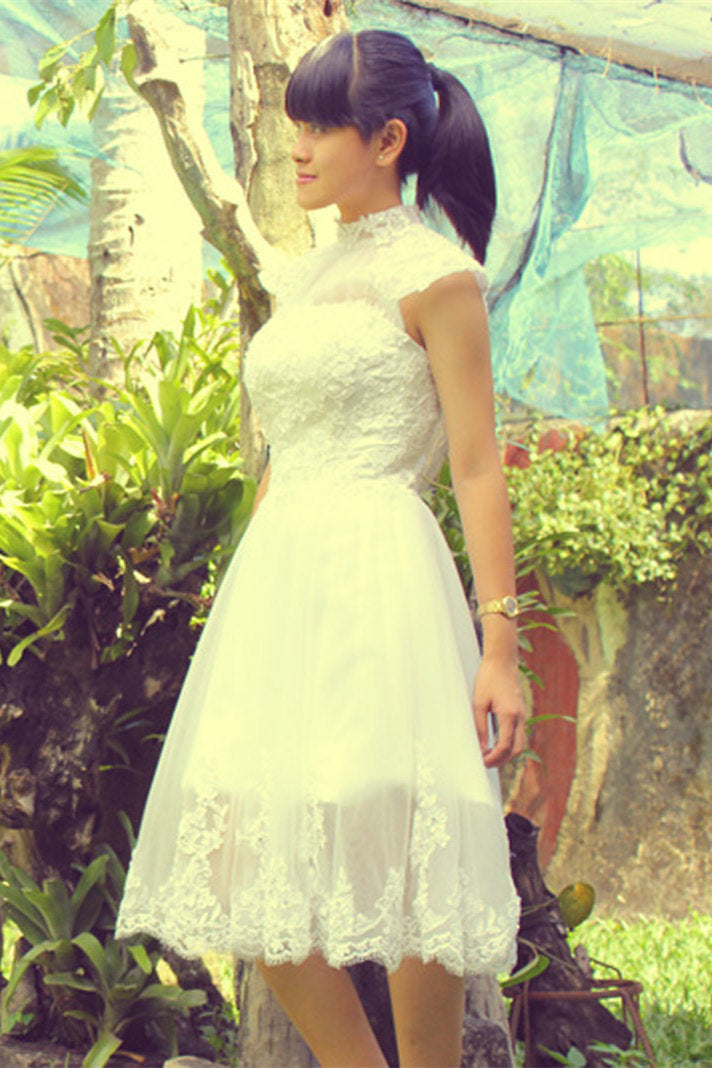A-Line Small Round Collar Tea-Length Short Sleeves Tulle Applique Lace Wedding Dress