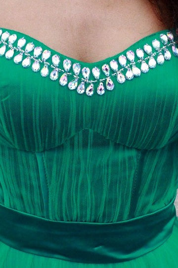 A-Line Spaghetti Strap Floor-Length Chapel Tulle Rhinestone Prom Dress