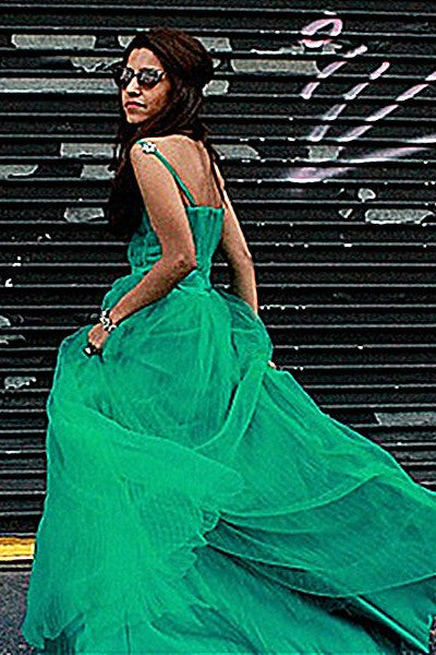 A-Line Spaghetti Strap Floor-Length Chapel Tulle Rhinestone Prom Dress