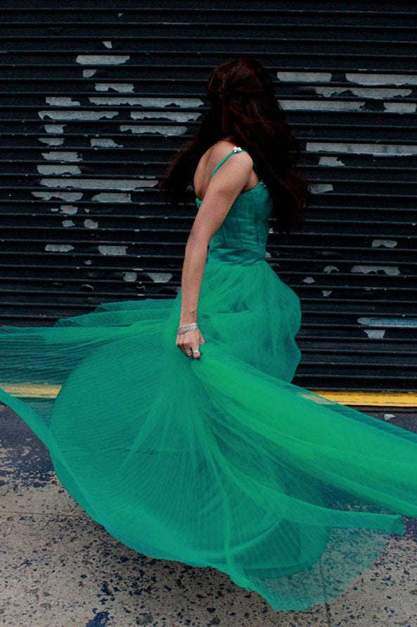 A-Line Spaghetti Strap Floor-Length Chapel Tulle Rhinestone Prom Dress