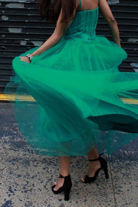 A-Line Spaghetti Strap Floor-Length Chapel Tulle Rhinestone Prom Dress