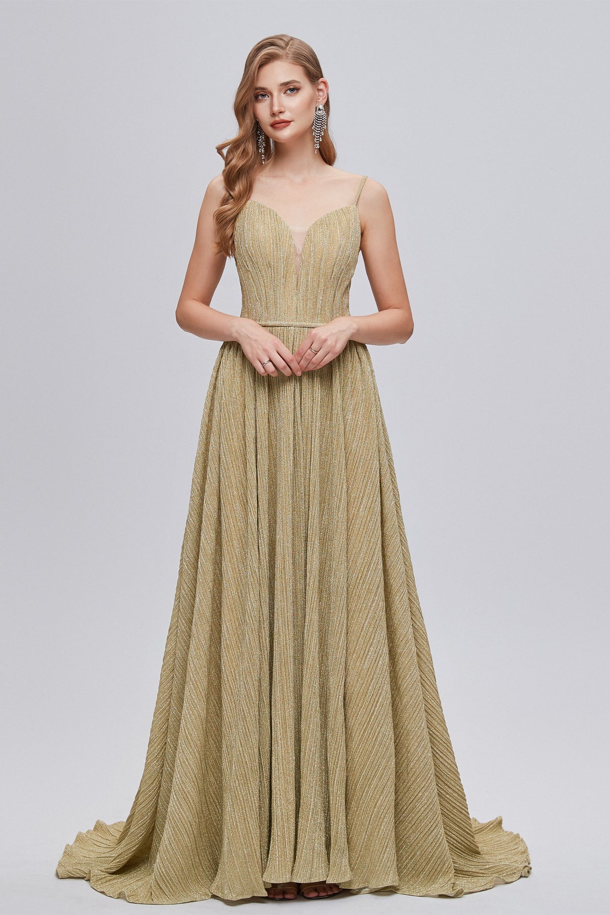 A-Line Spaghetti strap Floor-Length Sleeveless Open Back Elegant Beautiful Prom Dresses