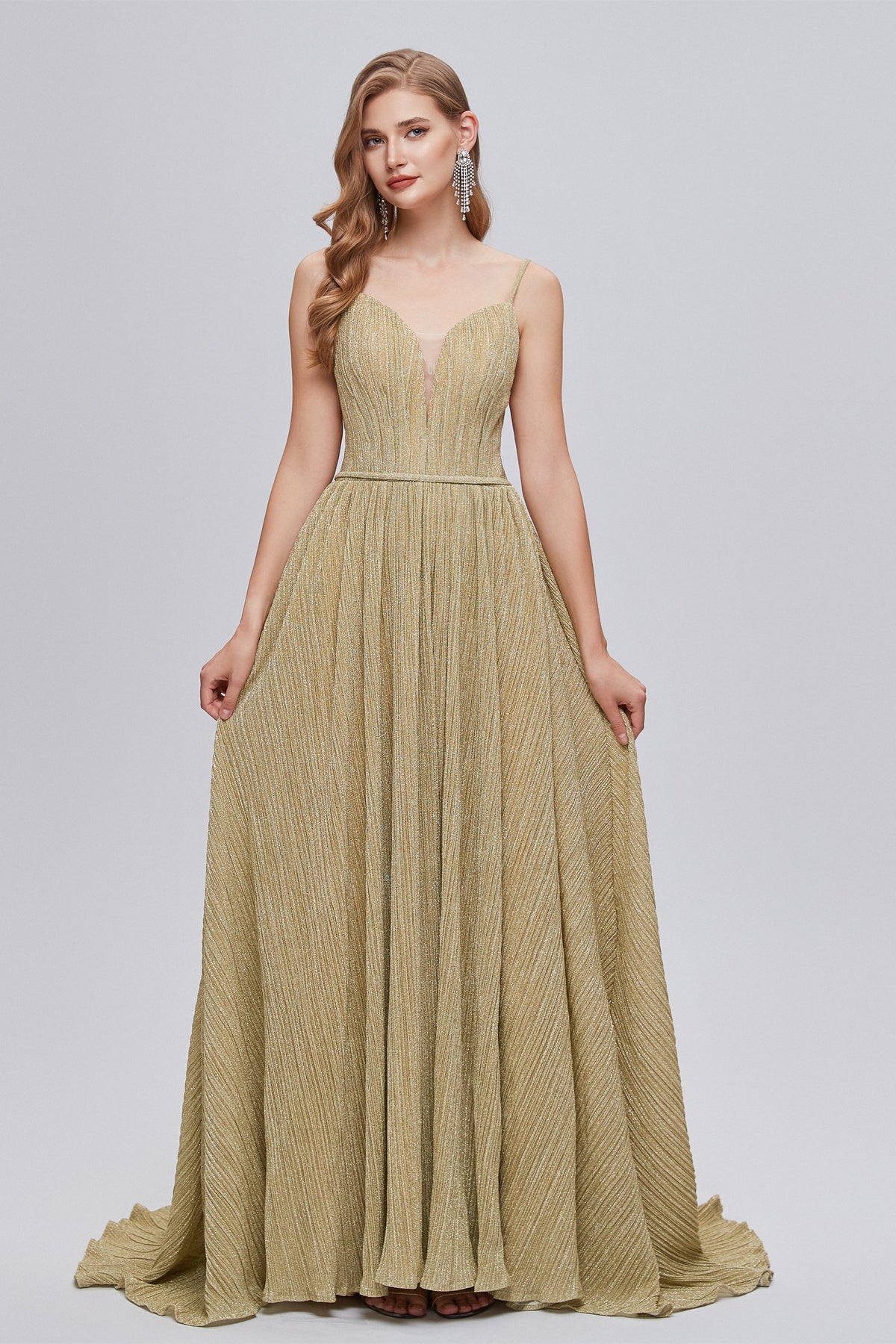 A-Line Spaghetti strap Floor-Length Sleeveless Open Back Elegant Beautiful Prom Dresses