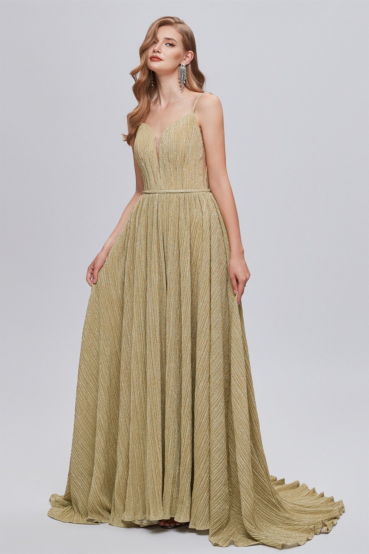 A-Line Spaghetti strap Floor-Length Sleeveless Open Back Elegant Beautiful Prom Dresses