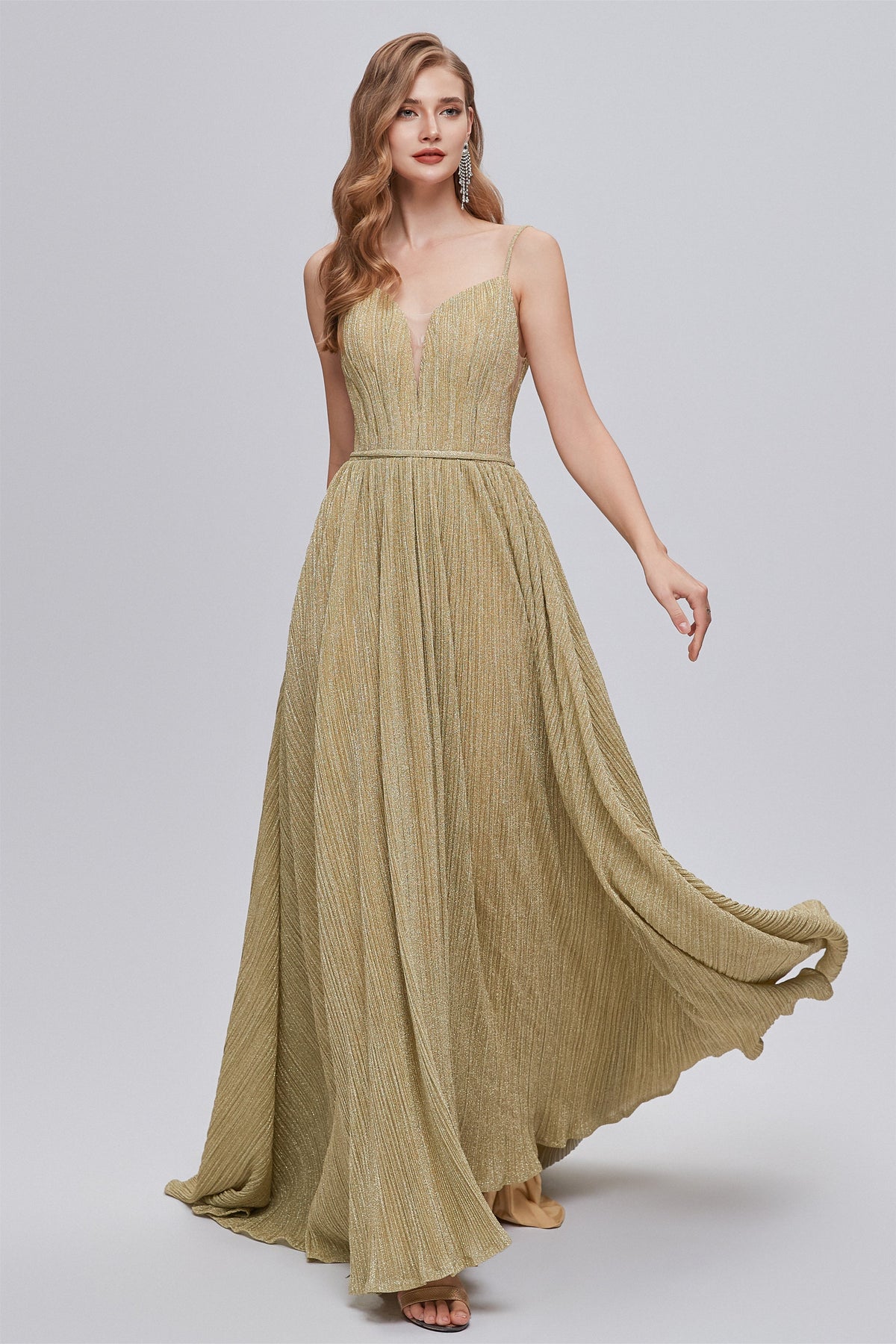 A-Line Spaghetti strap Floor-Length Sleeveless Open Back Elegant Beautiful Prom Dresses