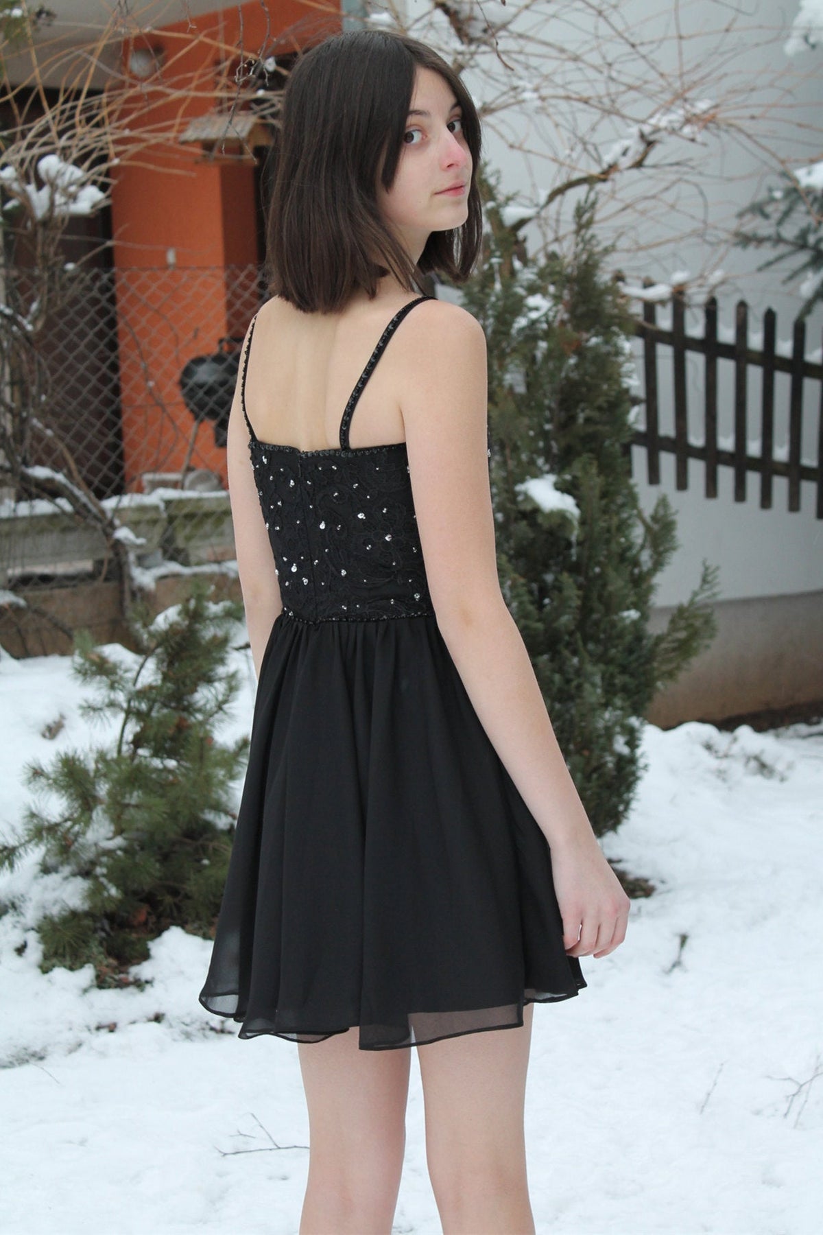 A-Line Spaghetti Strap Knee Length Tulle Rhinestone Homecoming Dress