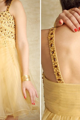 A-line Spaghetti Strap Knee Length Tulle Rhinestone Prom Dress